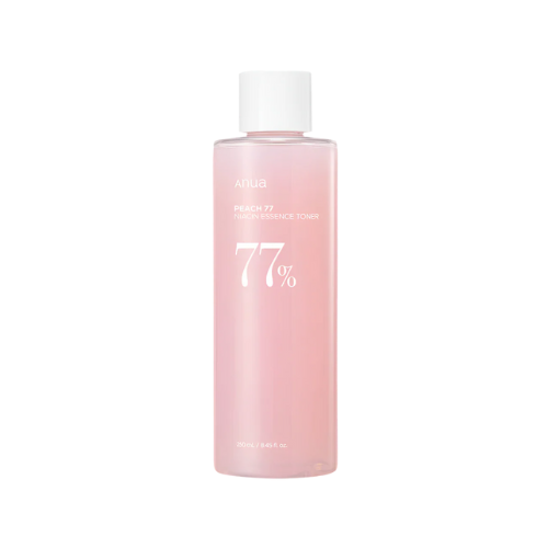 Pink bottle of AHC toner with white cap on a white background