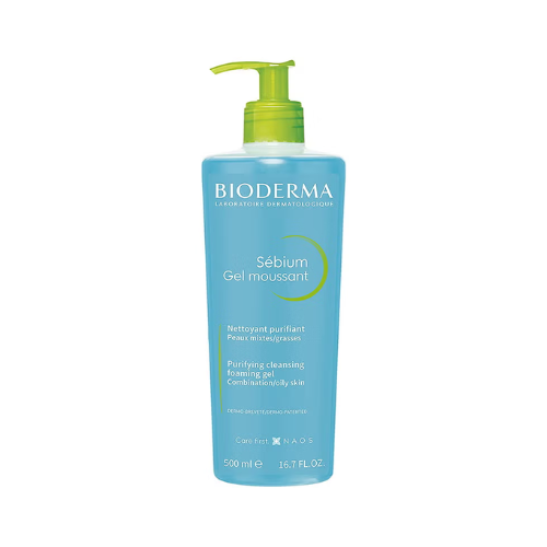 Bioderma Sebium foaming gel bottle on a white background