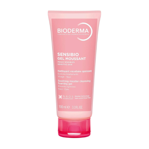 Pink tube of Bioderma Sensibio Gel Moussant on a white background
