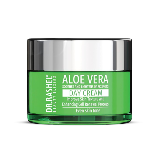 Green jar of Dr. Rashel Aloe Vera Day Cream on a white background