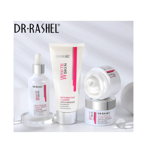 Dr. Rashel skincare products including serum, cream, and face wash on a white background