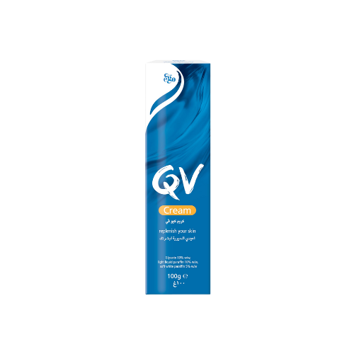 QV Cream packaging with blue and white design on a white background