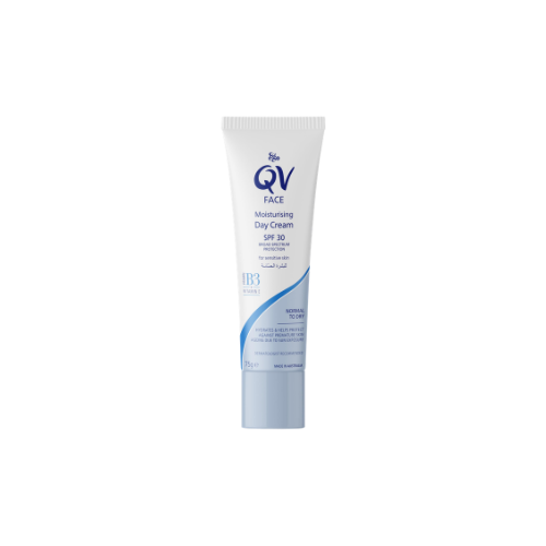 Tube of QV Face Moisturizing Day Cream on a white background