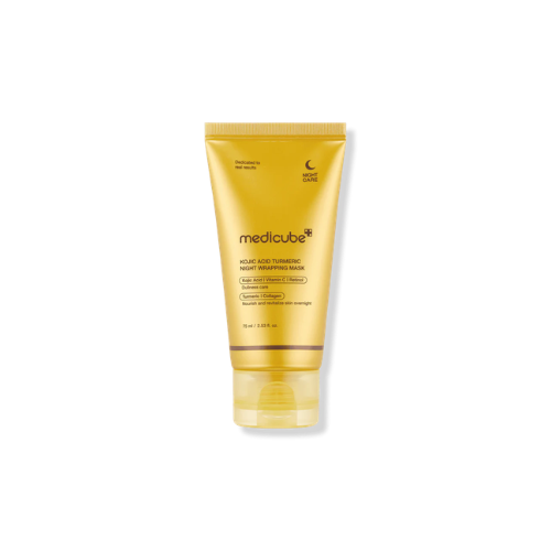 Yellow tube of Medicube product on a white background