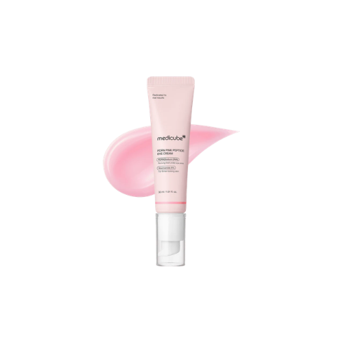 Pink eye cream tube with pink smear on a white background