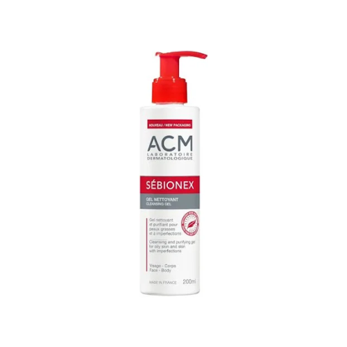Bottle of ACM Sebionex cleansing gel on a white background