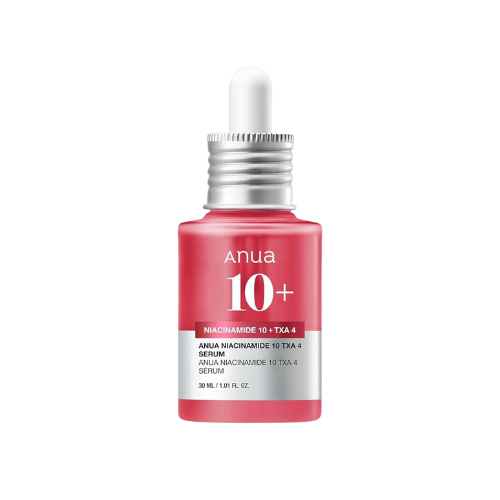 Red serum bottle with silver cap labeled 'Anua 10+' on a white background