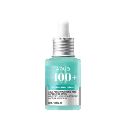 Skincare serum bottle with dropper labeled 'Anua 100+' on a white background
