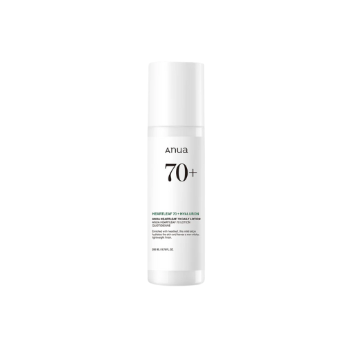 Skincare bottle labeled 'anua' with '70+' on a white background