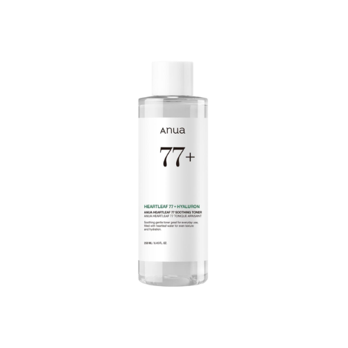 Anua 77+ skincare bottle on a white background