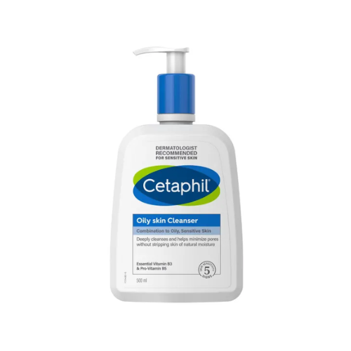 Cetaphil oily skin cleanser bottle on a white background