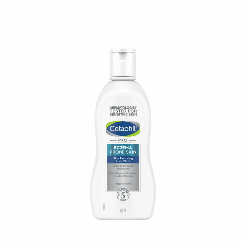 Cetaphil bottle for eczema-prone skin on a white background