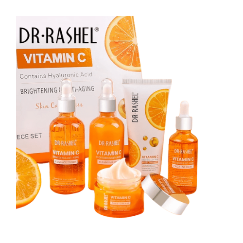 Dr. Rashel Vitamin C skincare set with bottles, cream, and packaging on a white background