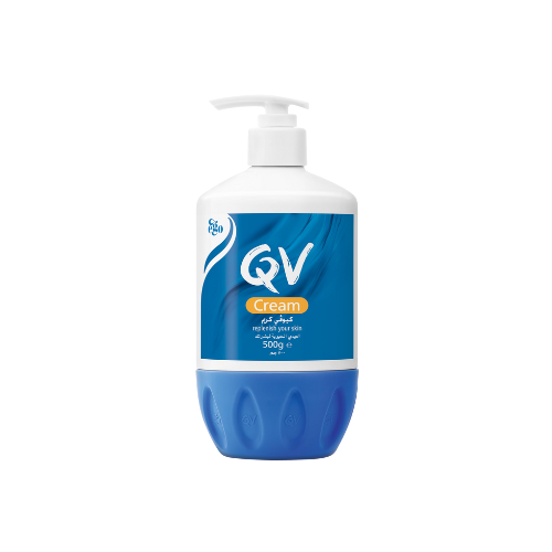 QV cream bottle with blue and white design on a white background