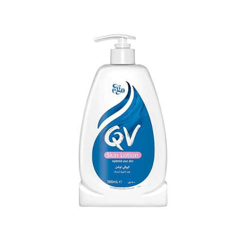 QV skin lotion bottle with pump on a white background