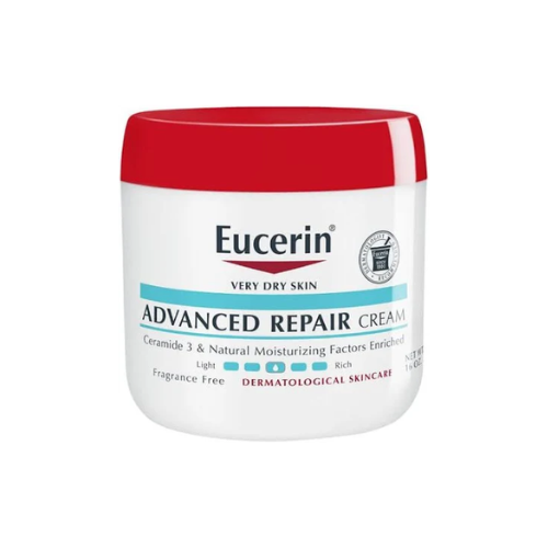 Eucerin Advanced Repair Cream jar with red lid on a white background