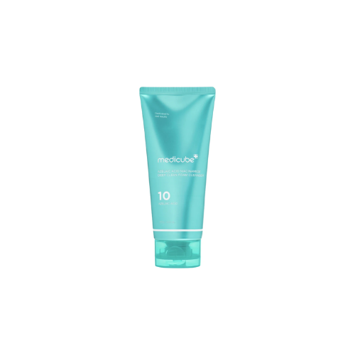 Turquoise tube of Medicube product on a white background