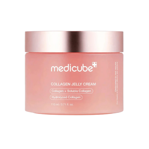 Pink jar of Medicube Collagen Jelly Cream on a white background