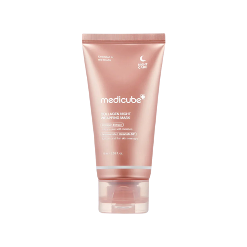 Pink tube of Medicube Collagen Night Wrapping Mask on a white background