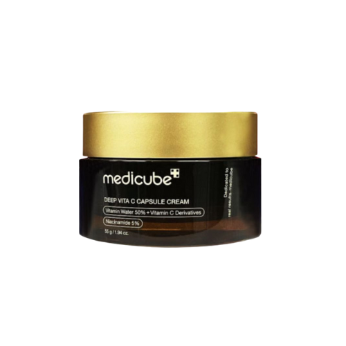Medicube Deep Vita C Capsule Cream jar with gold lid on a white background