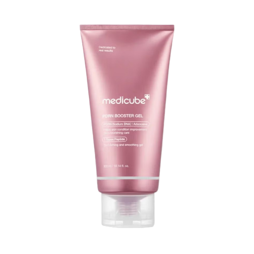 Pink tube of Medicube skin booster gel on a white background