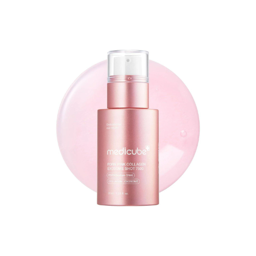 Pink skincare bottle with 'medicube' branding on a white background