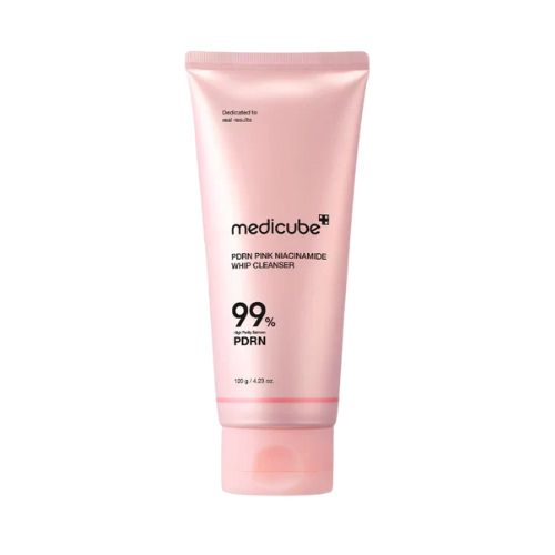 Pink tube of Medicube cleanser on a white background