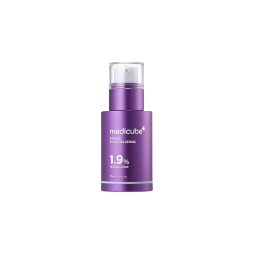 Purple serum bottle with 'medicube' branding on a white background