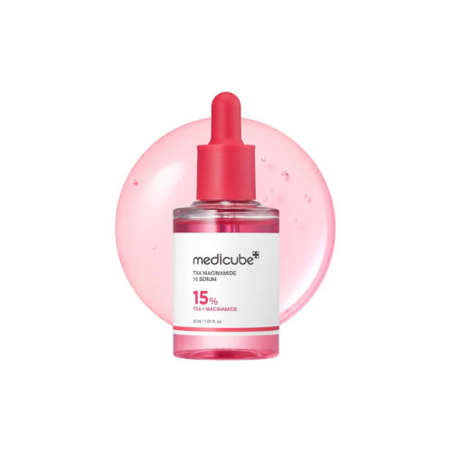 Medicube serum bottle with pink dropper on a white background