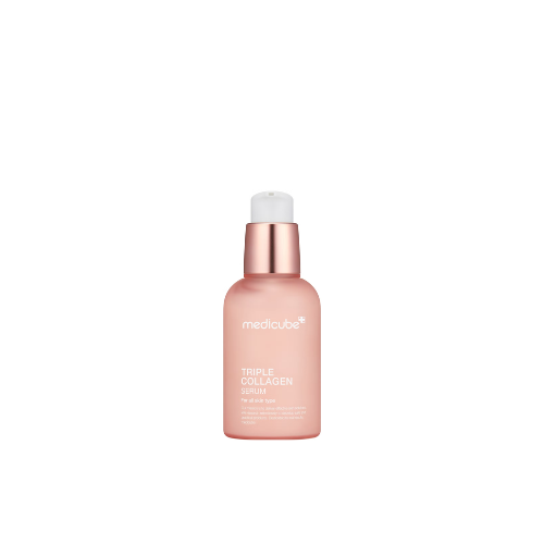 Pink skincare serum bottle with gold cap on a white background