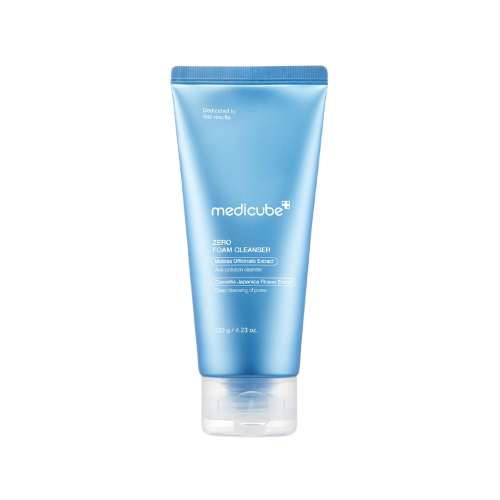 Blue tube of Medicube skincare product on a white background