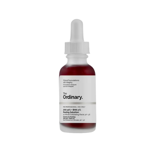Bottle of 'The Ordinary' peeling solution with dropper on a white background