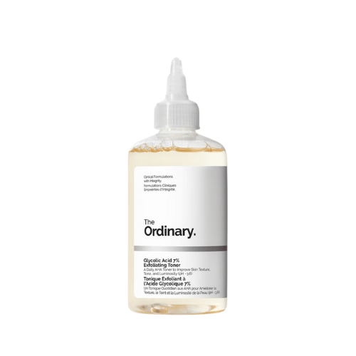 Bottle of 'The Ordinary' toner on a white background
