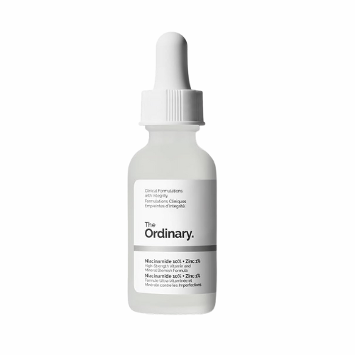 Skincare serum bottle with dropper labeled 'The Ordinary' on a white background